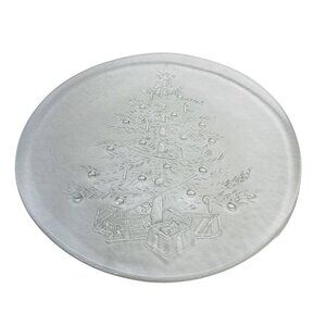 Clear Glass Embossed Christmas Tree Round Holiday Serving Platter 13 Inch Plate